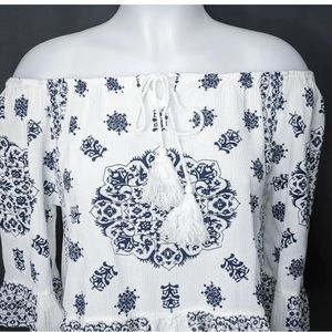 Oxolloxo Womens Peasant Top Shirt  Small gray Cropped Off Shoulder Crinkle Boho